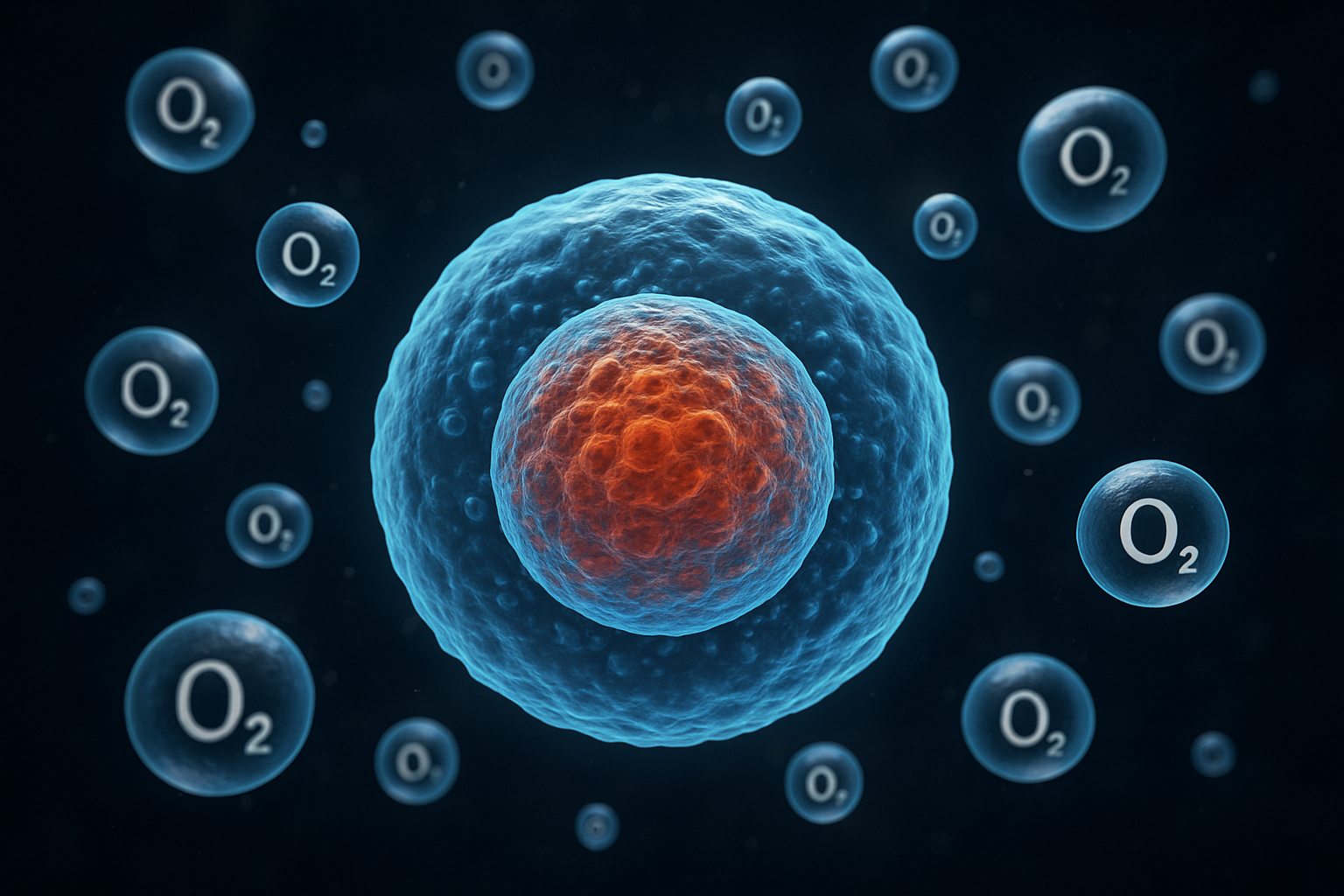 3D illustration of oxygen molecules entering a human cell